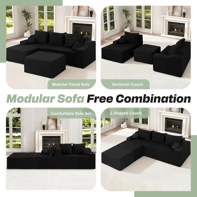 Alt view image 7 of 7 - 94 U Shaped Modular Sectional Couch for Living Room, Modular Cloud Sofa with Ottoman, No Assembly Boneless Couches with Deep Seat, Corduroy Fabric (Black, Left Facing)