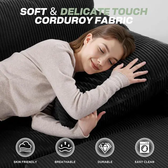 Alt view image 6 of 7 - 94 U Shaped Modular Sectional Couch for Living Room, Modular Cloud Sofa with Ottoman, No Assembly Boneless Couches with Deep Seat, Corduroy Fabric (Black, Left Facing)