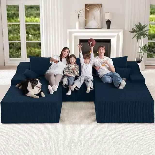 Alt view image 3 of 7 - U Shaped Modular Sectional Couch for Living Room, Modular Cloud Sofa with Ottoman, No Assembly Boneless Couches with Deep Seat, Corduroy Fabric (Blue, Right Facing)