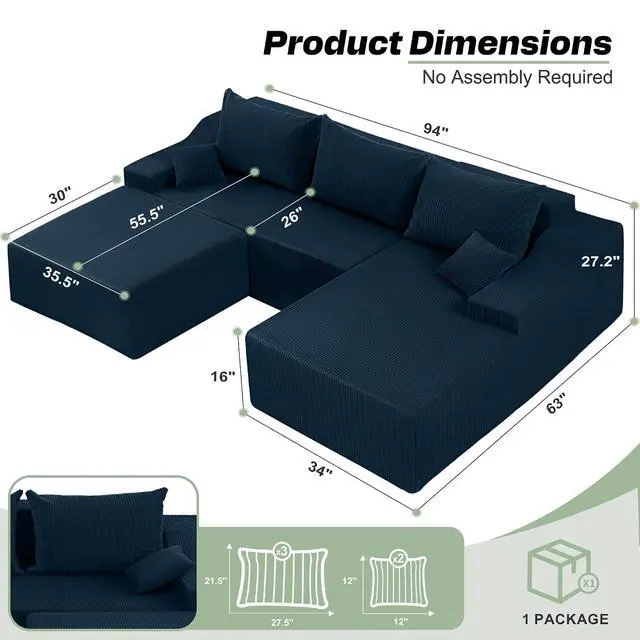 Alt view image 2 of 7 - U Shaped Modular Sectional Couch for Living Room, Modular Cloud Sofa with Ottoman, No Assembly Boneless Couches with Deep Seat, Corduroy Fabric (Blue, Right Facing)