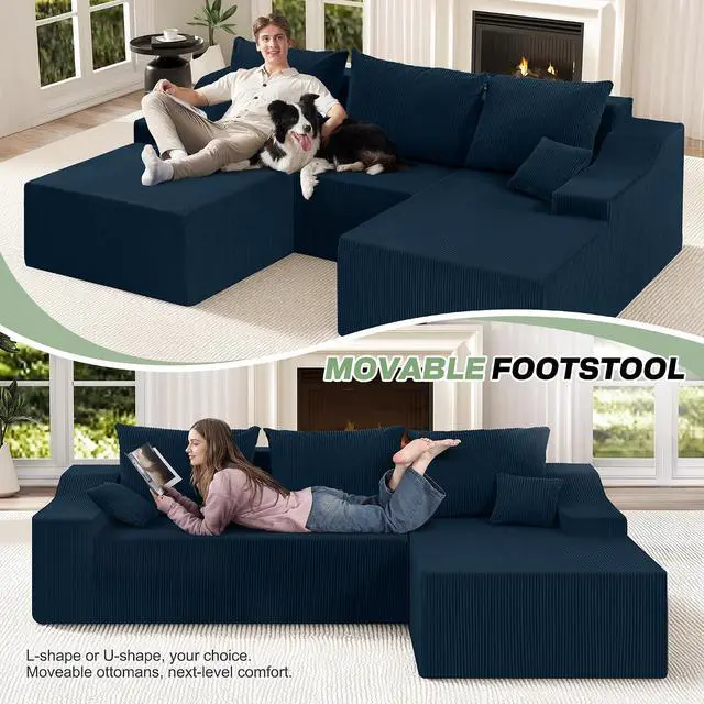 Alt view image 4 of 7 - U Shaped Modular Sectional Couch for Living Room, Modular Cloud Sofa with Ottoman, No Assembly Boneless Couches with Deep Seat, Corduroy Fabric (Blue, Right Facing)