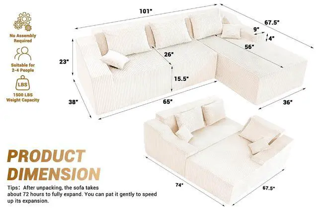 Alt view image 2 of 7 - 101'' Modular Sectional Sofa Cloud Couch with Deep Seat, Modern L-Shaped Convertible Couches Upholstered Couch with Chaise for Living Room Bedroom(Beige, Right-Facing Chaise)