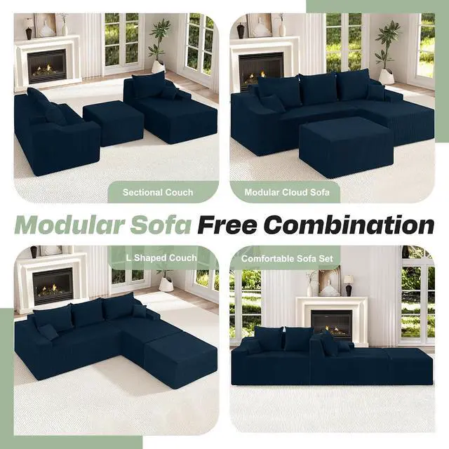 Alt view image 7 of 7 - U Shaped Modular Sectional Couch for Living Room, Modular Cloud Sofa with Ottoman, No Assembly Boneless Couches with Deep Seat, Corduroy Fabric (Blue, Right Facing)