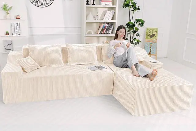 Alt view image 5 of 7 - 101'' Modular Sectional Sofa Cloud Couch with Deep Seat, Modern L-Shaped Convertible Couches Upholstered Couch with Chaise for Living Room Bedroom(Beige, Right-Facing Chaise)