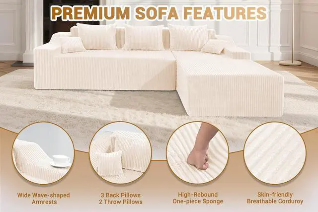 Alt view image 4 of 7 - 101'' Modular Sectional Sofa Cloud Couch with Deep Seat, Modern L-Shaped Convertible Couches Upholstered Couch with Chaise for Living Room Bedroom(Beige, Right-Facing Chaise)