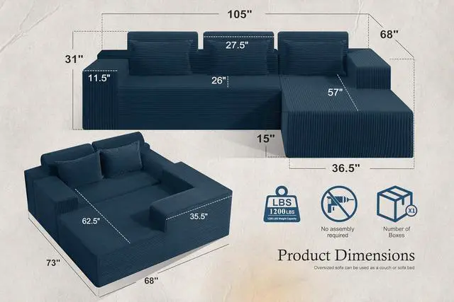 Alt view image 2 of 7 - Sectional Couches for Living Room,No Assembly L Shaped Couch 105" Modular Sectional Sofa Couch with Deep Seat,Cloud Couches Furniture Sets for Apartment,Corduroy (Blue, Right Facing)