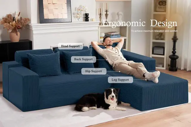 Alt view image 3 of 7 - Sectional Couches for Living Room,No Assembly L Shaped Couch 105" Modular Sectional Sofa Couch with Deep Seat,Cloud Couches Furniture Sets for Apartment,Corduroy (Blue, Right Facing)