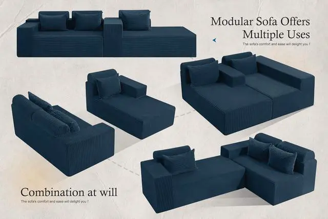 Alt view image 6 of 7 - Sectional Couches for Living Room,No Assembly L Shaped Couch 105" Modular Sectional Sofa Couch with Deep Seat,Cloud Couches Furniture Sets for Apartment,Corduroy (Blue, Right Facing)