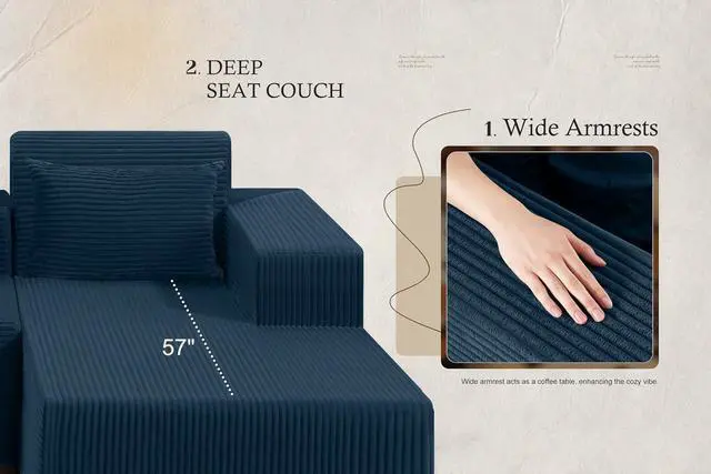 Alt view image 7 of 7 - Sectional Couches for Living Room,No Assembly L Shaped Couch 105" Modular Sectional Sofa Couch with Deep Seat,Cloud Couches Furniture Sets for Apartment,Corduroy (Blue, Right Facing)