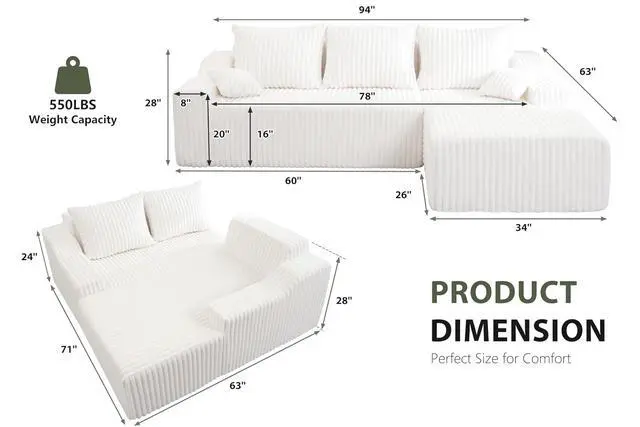 Alt view image 2 of 7 - 94'' Cloud Sectional Couch, Boneless Sofa with Deep Seat, Modular Comfy L-Shape Couch with Chaise for Living Room Bedroom, No Assembly Required(Beige,Right Facing Chaise)