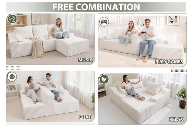 Alt view image 6 of 7 - 94'' Cloud Sectional Couch, Boneless Sofa with Deep Seat, Modular Comfy L-Shape Couch with Chaise for Living Room Bedroom, No Assembly Required(Beige,Right Facing Chaise)