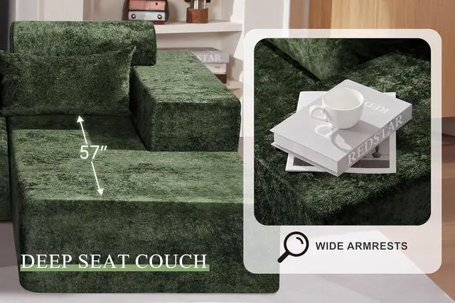 Alt view image 5 of 7 - 105" L-Shape Modular Sectional Sofa Couch for Living Room,No Assembly Required,Modular Comfy Sofa with Deep Seat for Living Room Bedroom,Luxury Distressed Velvet(Right,Green)