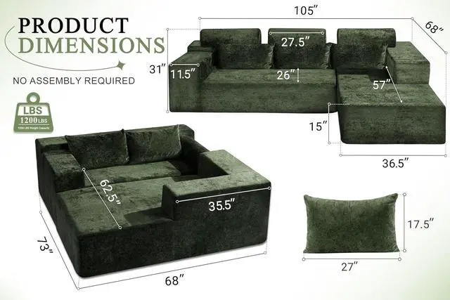 Alt view image 2 of 7 - 105" L-Shape Modular Sectional Sofa Couch for Living Room,No Assembly Required,Modular Comfy Sofa with Deep Seat for Living Room Bedroom,Luxury Distressed Velvet(Right,Green)