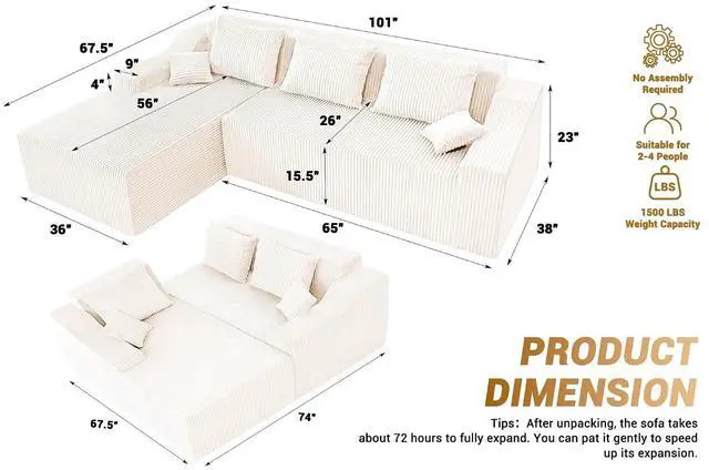 Alt view image 2 of 7 - 101'' Modular Sectional Sofa Cloud Couch with Deep Seat, Modern L-Shaped Convertible Couches Upholstered Couch with Chaise for Living Room Bedroom(Beige, Left-Facing Chaise)