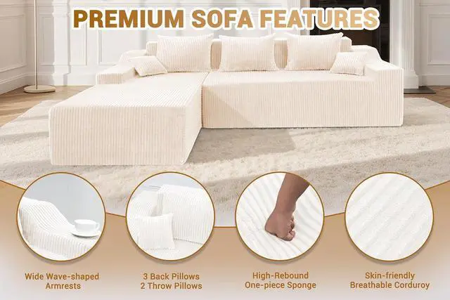 Alt view image 4 of 7 - 101'' Modular Sectional Sofa Cloud Couch with Deep Seat, Modern L-Shaped Convertible Couches Upholstered Couch with Chaise for Living Room Bedroom(Beige, Left-Facing Chaise)