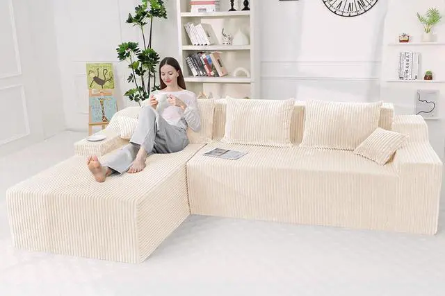 Alt view image 5 of 7 - 101'' Modular Sectional Sofa Cloud Couch with Deep Seat, Modern L-Shaped Convertible Couches Upholstered Couch with Chaise for Living Room Bedroom(Beige, Left-Facing Chaise)