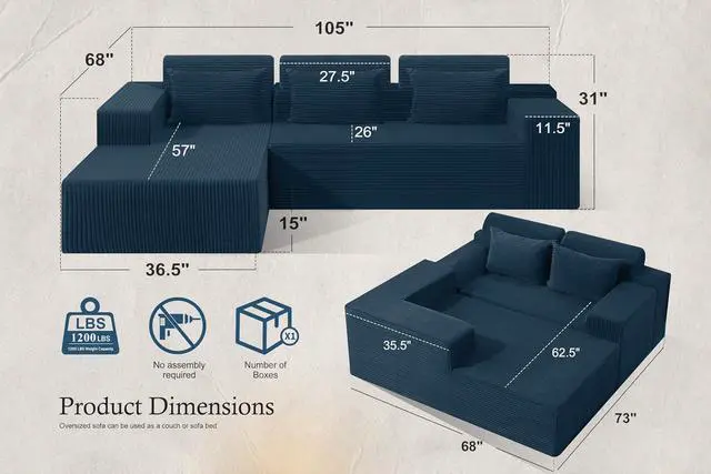 Alt view image 2 of 7 - Sectional Couches for Living Room,No Assembly L Shaped Couch 105" Modular Sectional Sofa Couch with Deep Seat,Cloud Couches Furniture Sets for Apartment,Corduroy (Blue, Left Facing)