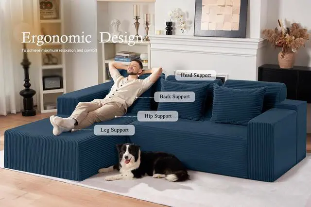 Alt view image 3 of 7 - Sectional Couches for Living Room,No Assembly L Shaped Couch 105" Modular Sectional Sofa Couch with Deep Seat,Cloud Couches Furniture Sets for Apartment,Corduroy (Blue, Left Facing)
