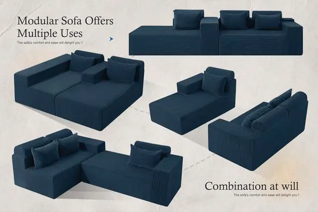 Alt view image 6 of 7 - Sectional Couches for Living Room,No Assembly L Shaped Couch 105" Modular Sectional Sofa Couch with Deep Seat,Cloud Couches Furniture Sets for Apartment,Corduroy (Blue, Left Facing)