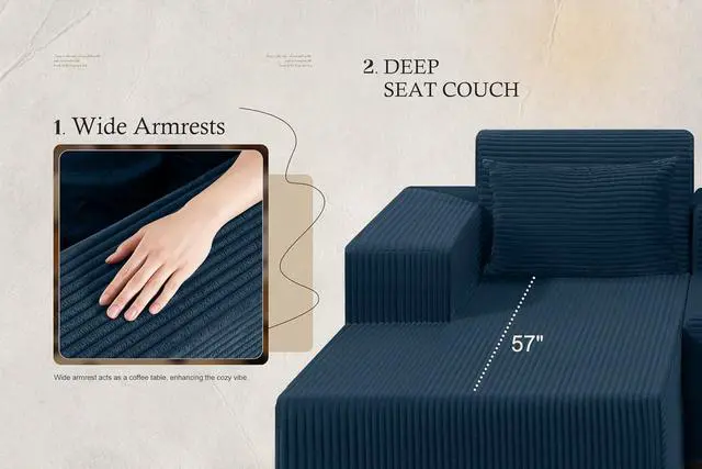 Alt view image 7 of 7 - Sectional Couches for Living Room,No Assembly L Shaped Couch 105" Modular Sectional Sofa Couch with Deep Seat,Cloud Couches Furniture Sets for Apartment,Corduroy (Blue, Left Facing)