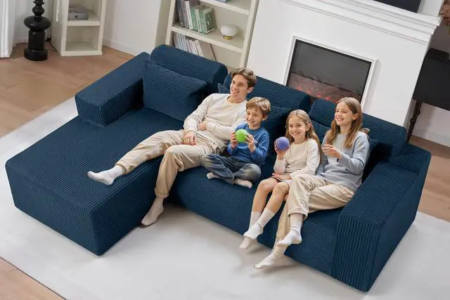 Alt view image 5 of 7 - Sectional Couches for Living Room,No Assembly L Shaped Couch 105" Modular Sectional Sofa Couch with Deep Seat,Cloud Couches Furniture Sets for Apartment,Corduroy (Blue, Left Facing)
