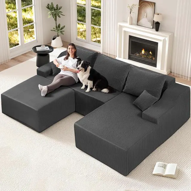 Main image of U Shaped Modular Sectional Couch for Living Room, Modular Cloud Sofa with Ottoman, No Assembly Boneless Couches with Deep Seat, Corduroy Fabric (Grey, Right Facing)