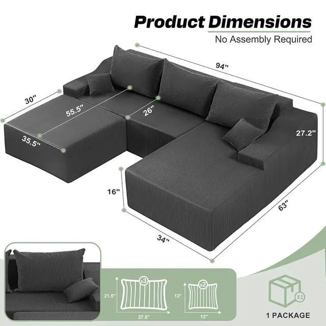 Alt view image 2 of 7 - U Shaped Modular Sectional Couch for Living Room, Modular Cloud Sofa with Ottoman, No Assembly Boneless Couches with Deep Seat, Corduroy Fabric (Grey, Right Facing)