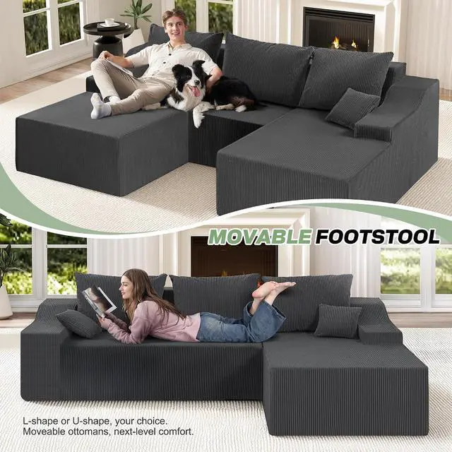 Alt view image 4 of 7 - U Shaped Modular Sectional Couch for Living Room, Modular Cloud Sofa with Ottoman, No Assembly Boneless Couches with Deep Seat, Corduroy Fabric (Grey, Right Facing)