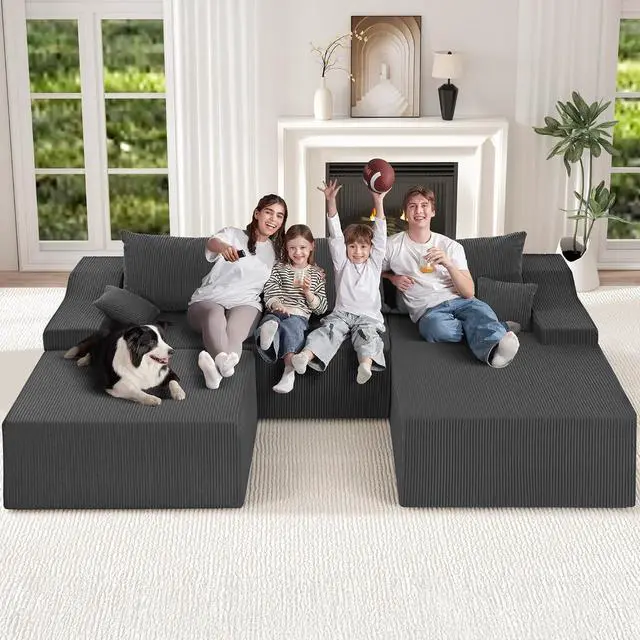 Alt view image 3 of 7 - U Shaped Modular Sectional Couch for Living Room, Modular Cloud Sofa with Ottoman, No Assembly Boneless Couches with Deep Seat, Corduroy Fabric (Grey, Right Facing)