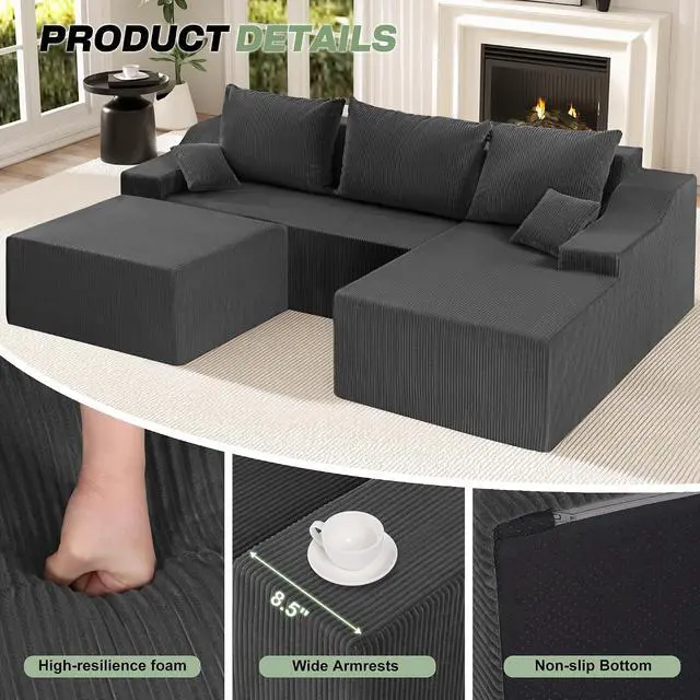 Alt view image 5 of 7 - U Shaped Modular Sectional Couch for Living Room, Modular Cloud Sofa with Ottoman, No Assembly Boneless Couches with Deep Seat, Corduroy Fabric (Grey, Right Facing)
