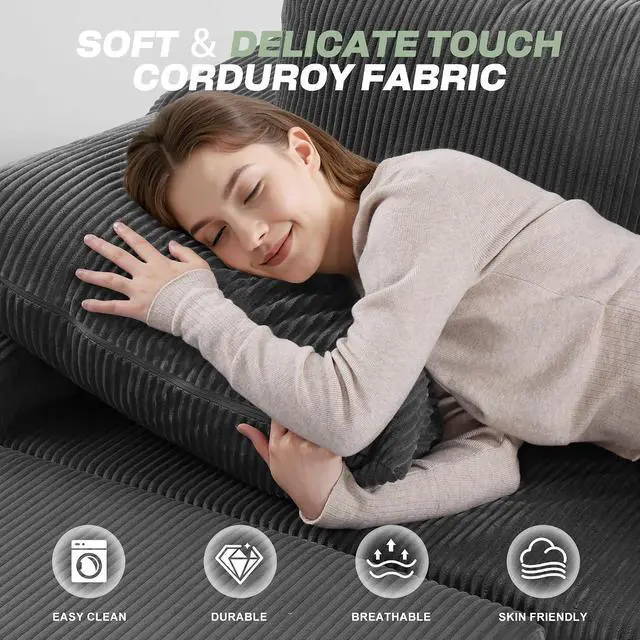 Alt view image 6 of 7 - U Shaped Modular Sectional Couch for Living Room, Modular Cloud Sofa with Ottoman, No Assembly Boneless Couches with Deep Seat, Corduroy Fabric (Grey, Right Facing)