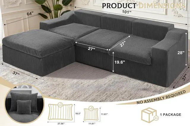 Alt view image 2 of 7 - 101" Modular Couch Sectionals with Ottoman, Big Comfy Cloud Couches, L Shaped 4 Seat Modular Sectional Sofa, Sectional Double Cushion Couches with Deep Seat for Living Room,No Assembly Required (Grey)
