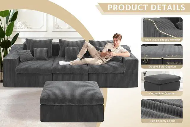 Alt view image 6 of 7 - 101" Modular Couch Sectionals with Ottoman, Big Comfy Cloud Couches, L Shaped 4 Seat Modular Sectional Sofa, Sectional Double Cushion Couches with Deep Seat for Living Room,No Assembly Required (Grey)