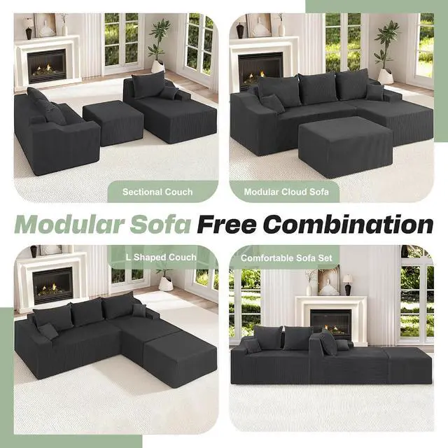 Alt view image 7 of 7 - U Shaped Modular Sectional Couch for Living Room, Modular Cloud Sofa with Ottoman, No Assembly Boneless Couches with Deep Seat, Corduroy Fabric (Grey, Right Facing)