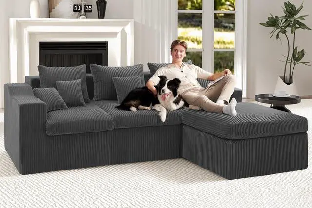 Alt view image 4 of 7 - 101" Modular Couch Sectionals with Ottoman, Big Comfy Cloud Couches, L Shaped 4 Seat Modular Sectional Sofa, Sectional Double Cushion Couches with Deep Seat for Living Room,No Assembly Required (Grey)