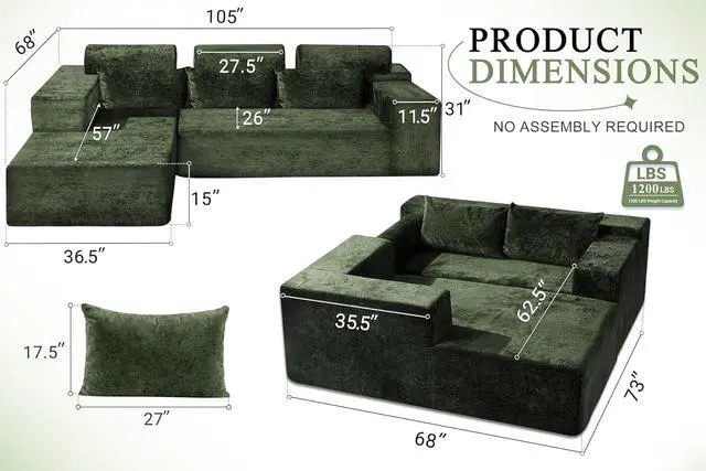 Alt view image 2 of 7 - 105" L-Shape Modular Sectional Sofa Couch for Living Room,No Assembly Required,Modular Comfy Sofa with Deep Seat for Living Room Bedroom,Luxury Distressed Velvet(Left,Green)