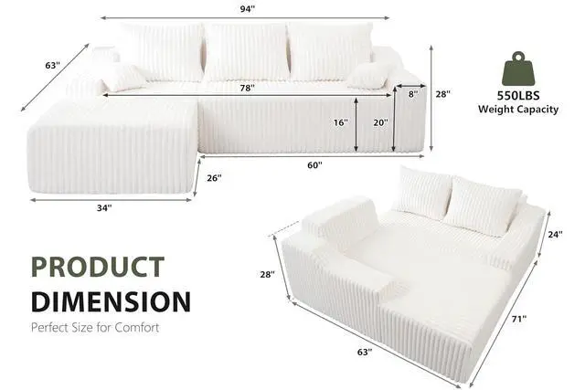 Alt view image 2 of 7 - 94'' Cloud Sectional Couch, Boneless Sofa with Deep Seat, Modular Comfy L-Shape Couch with Chaise for Living Room Bedroom, No Assembly Required(Beige,Left Facing Chaise)
