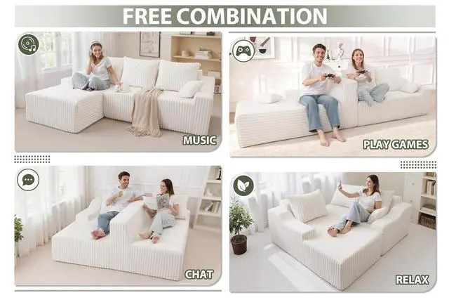 Alt view image 6 of 7 - 94'' Cloud Sectional Couch, Boneless Sofa with Deep Seat, Modular Comfy L-Shape Couch with Chaise for Living Room Bedroom, No Assembly Required(Beige,Left Facing Chaise)