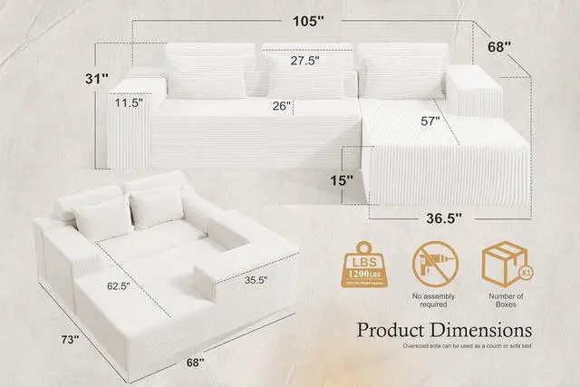 Alt view image 2 of 7 - Sectional Couches for Living Room,No Assembly L Shaped Couch 105" Modular Sectional Sofa Couch with Deep Seat,Cloud Couches Furniture Sets for Apartment,Corduroy (Beige, Right Facing)