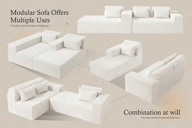 Alt view image 6 of 7 - Sectional Couches for Living Room,No Assembly L Shaped Couch 105" Modular Sectional Sofa Couch with Deep Seat,Cloud Couches Furniture Sets for Apartment,Corduroy (Beige, Right Facing)