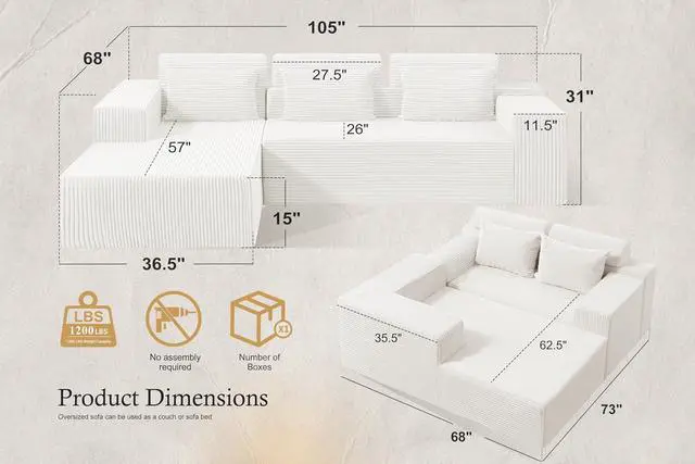 Alt view image 2 of 7 - Sectional Couches for Living Room,No Assembly L Shaped Couch 105" Modular Sectional Sofa Couch with Deep Seat,Cloud Couches Furniture Sets for Apartment,Corduroy (Beige, Left Facing)