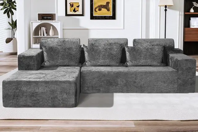 Main image of 105" L-Shape Modular Sectional Sofa Couch for Living Room,No Assembly Required,Modular Comfy Sofa with Deep Seat for Living Room Bedroom,Luxury Distressed Velvet(Left,Grey)