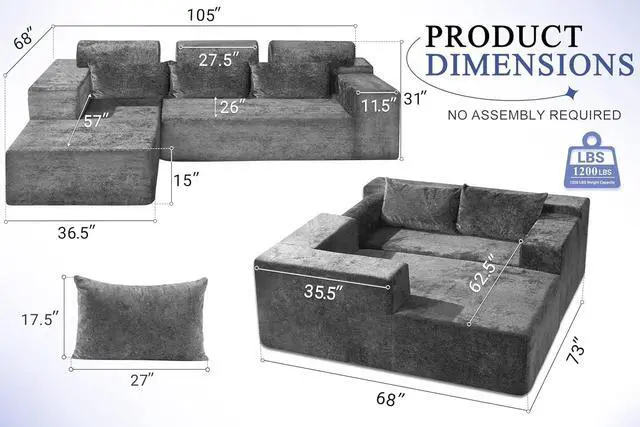 Alt view image 2 of 7 - 105" L-Shape Modular Sectional Sofa Couch for Living Room,No Assembly Required,Modular Comfy Sofa with Deep Seat for Living Room Bedroom,Luxury Distressed Velvet(Left,Grey)
