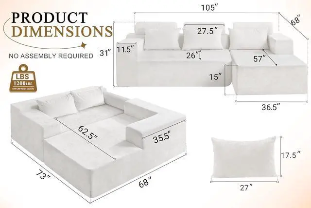 Alt view image 2 of 7 - 105" L-Shape Modular Sectional Sofa Couch for Living Room,No Assembly Required,Modular Comfy Sofa with Deep Seat for Living Room Bedroom,Luxury Distressed Velvet(Right,Beige)