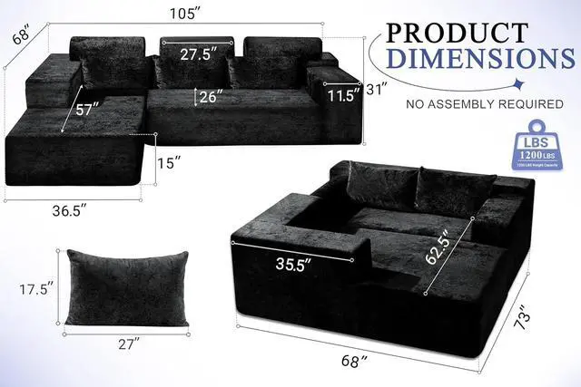 Alt view image 2 of 7 - 105" L-Shape Modular Sectional Sofa Couch for Living Room,No Assembly Required,Modular Comfy Sofa with Deep Seat for Living Room Bedroom,Luxury Distressed Velvet(Left,Black)