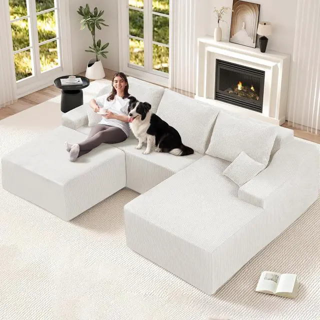 Main image of 94 U Shaped Modular Sectional Couch for Living Room, Modular Cloud Sofa with Ottoman, No Assembly Boneless Couches with Deep Seat, Corduroy Fabric (Beige, Right Facing)