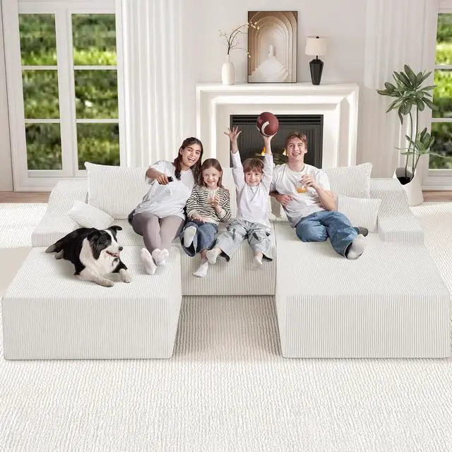 Alt view image 3 of 7 - 94 U Shaped Modular Sectional Couch for Living Room, Modular Cloud Sofa with Ottoman, No Assembly Boneless Couches with Deep Seat, Corduroy Fabric (Beige, Right Facing)
