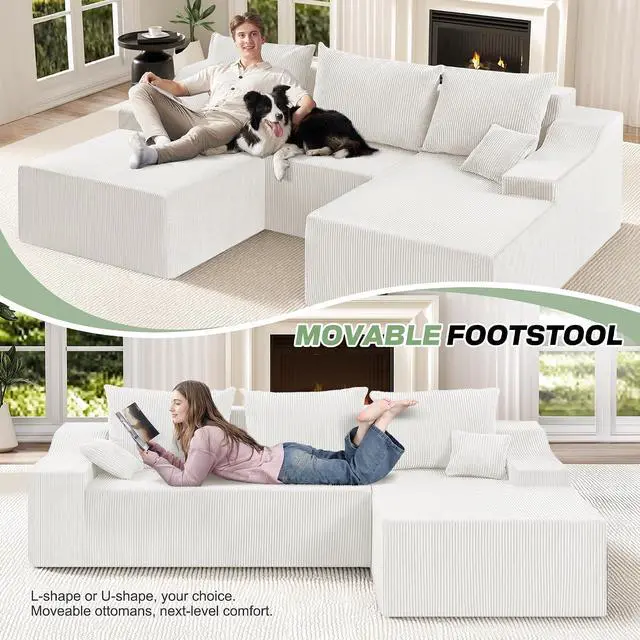 Alt view image 4 of 7 - 94 U Shaped Modular Sectional Couch for Living Room, Modular Cloud Sofa with Ottoman, No Assembly Boneless Couches with Deep Seat, Corduroy Fabric (Beige, Right Facing)