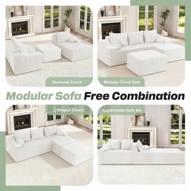 Alt view image 7 of 7 - 94 U Shaped Modular Sectional Couch for Living Room, Modular Cloud Sofa with Ottoman, No Assembly Boneless Couches with Deep Seat, Corduroy Fabric (Beige, Right Facing)