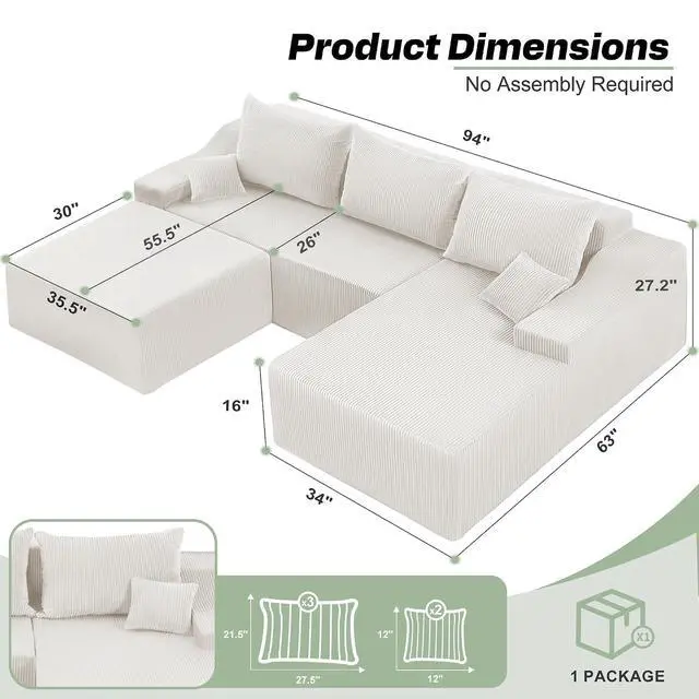 Alt view image 2 of 7 - 94 U Shaped Modular Sectional Couch for Living Room, Modular Cloud Sofa with Ottoman, No Assembly Boneless Couches with Deep Seat, Corduroy Fabric (Beige, Right Facing)